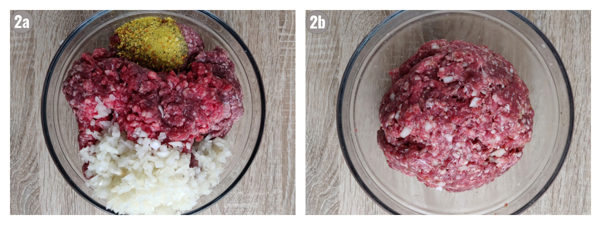 Two photographs of dumplings filling.