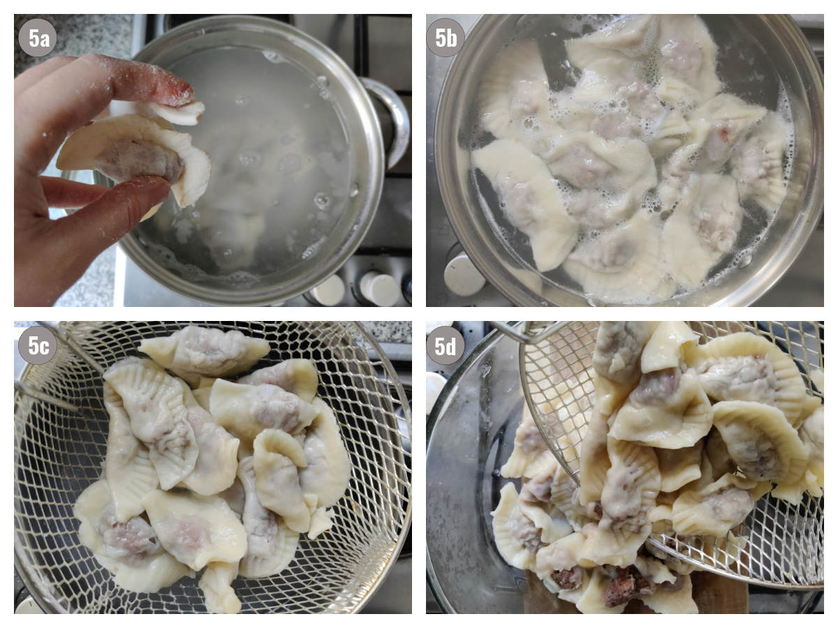 Beef dumplings cooked in water, four photographs.