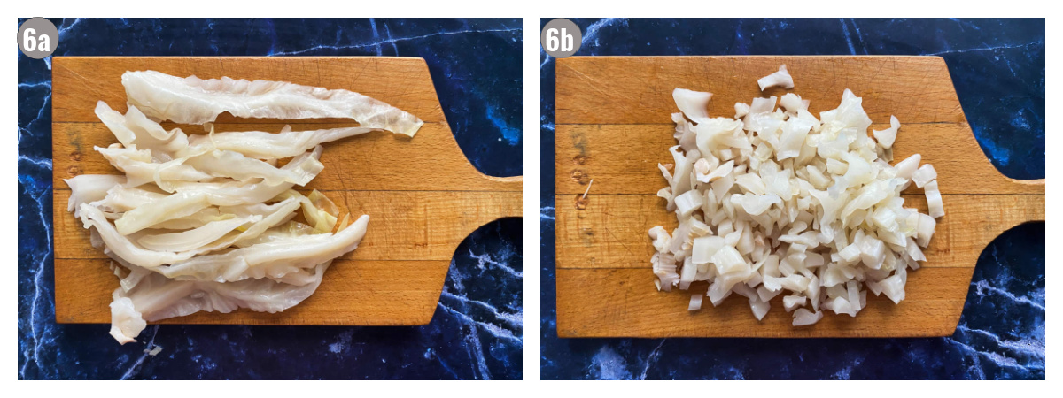 Two photographs side by side of cabbage veins on a cutting board. 